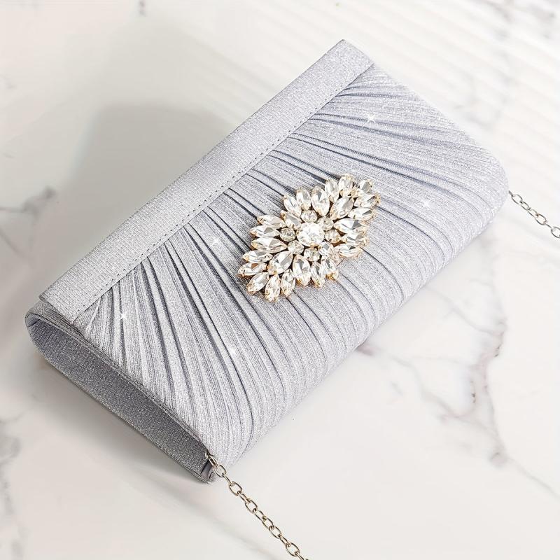 Pleated Rhinestone Chain Clutch Elegent Evening Bag