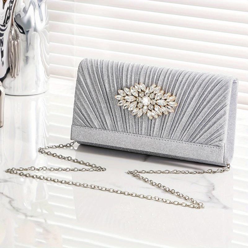 Pleated Rhinestone Chain Clutch Elegent Evening Bag