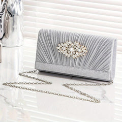Pleated Rhinestone Chain Clutch Elegent Evening Bag