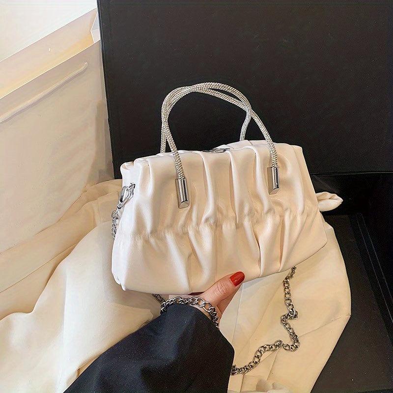 Glitter Ruched Shoulder Bag Double Handle Handbag Chain Strap Crossbody