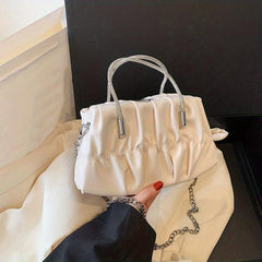 Glitter Ruched Shoulder Bag Double Handle Handbag Chain Strap Crossbody