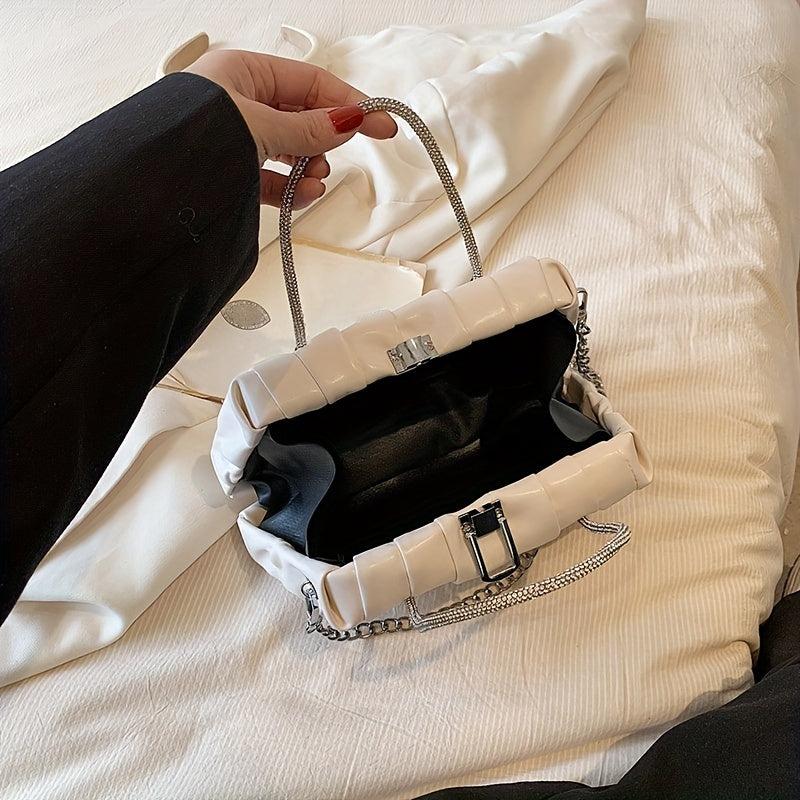 Glitter Ruched Shoulder Bag Double Handle Handbag Chain Strap Crossbody