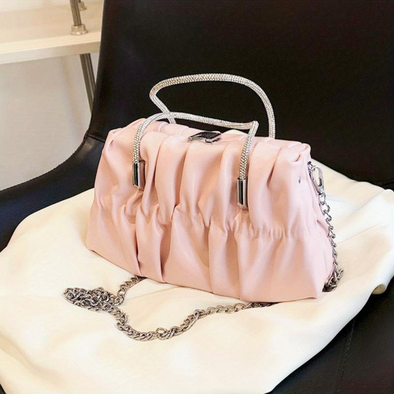 Glitter Ruched Shoulder Bag Double Handle Handbag Chain Strap Crossbody