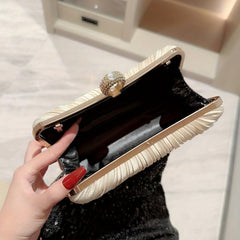 Pleated Rhinestone Glitter Kiss Lock Metal Chain Clutch Evening Bag
