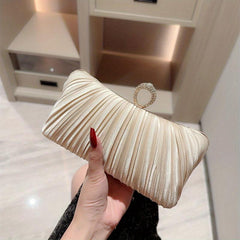Pleated Rhinestone Glitter Kiss Lock Metal Chain Clutch Evening Bag