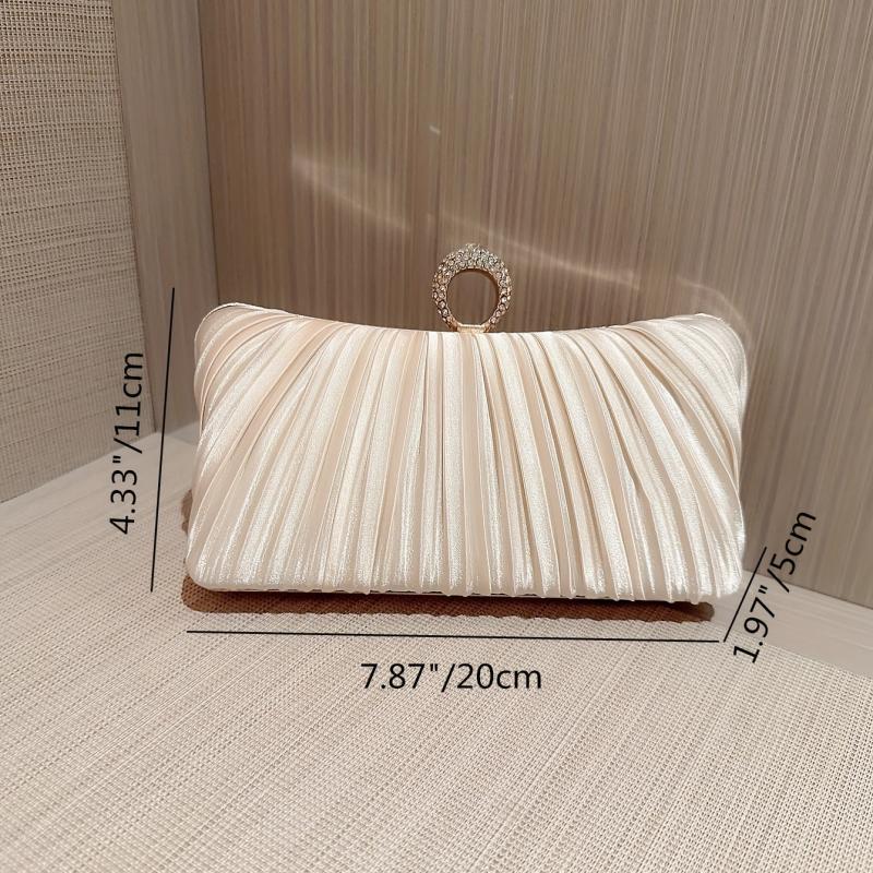 Pleated Rhinestone Glitter Kiss Lock Metal Chain Clutch Evening Bag