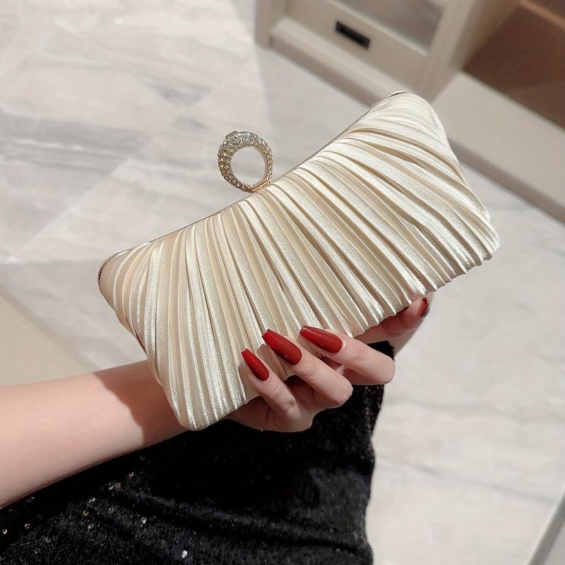 Pleated Rhinestone Glitter Kiss Lock Metal Chain Clutch Evening Bag