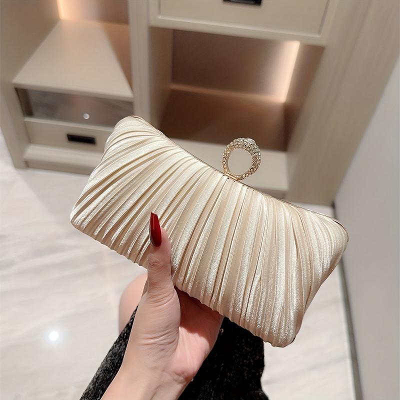 Pleated Rhinestone Glitter Kiss Lock Metal Chain Clutch Evening Bag