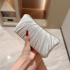 Pleated Rhinestone Glitter Kiss Lock Metal Chain Clutch Evening Bag