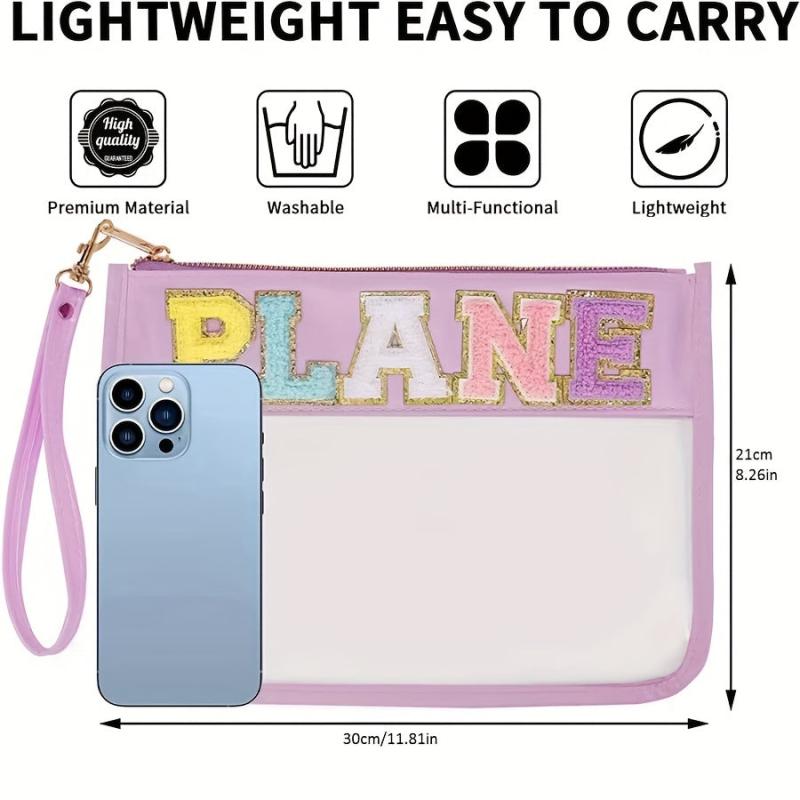 Transparent Chenille Letter Pattern Makeup Bag Zipper Carry On Bag