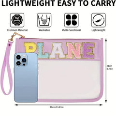 Transparent Chenille Letter Pattern Makeup Bag Zipper Carry On Bag