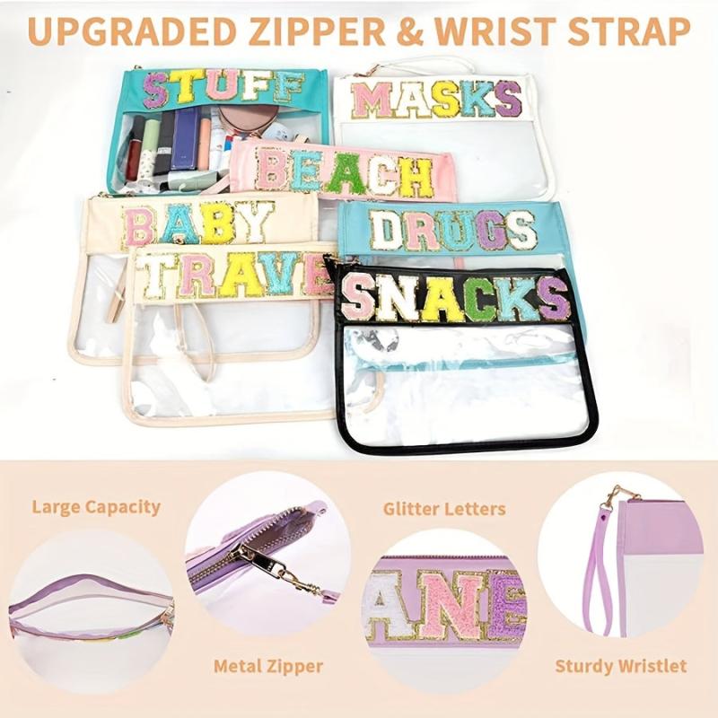 Transparent Chenille Letter Pattern Makeup Bag Zipper Carry On Bag