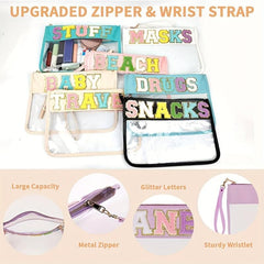 Transparent Chenille Letter Pattern Makeup Bag Zipper Carry On Bag