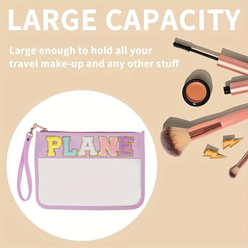 Transparent Chenille Letter Pattern Makeup Bag Zipper Carry On Bag