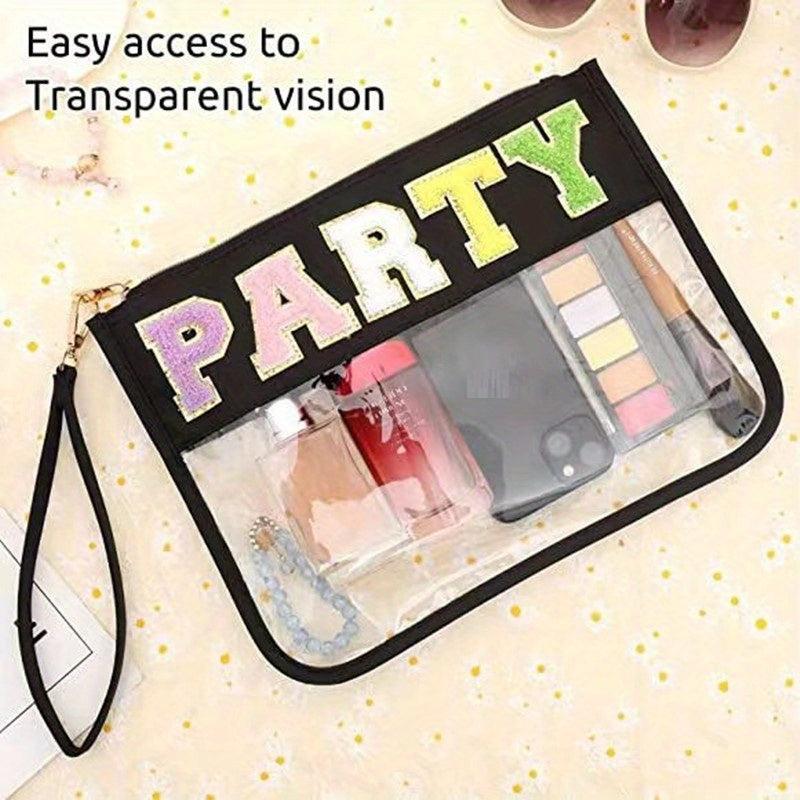 Transparent Chenille Letter Pattern Makeup Bag Zipper Carry On Bag