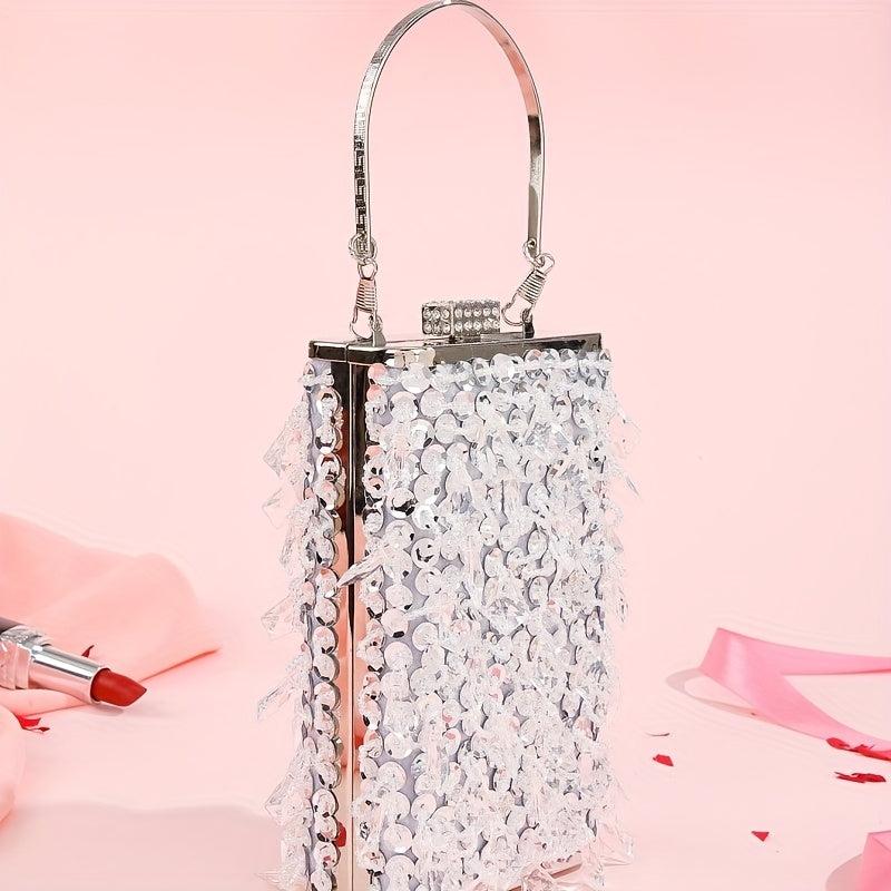 Sparkly Rhinestone Box Evening Bag Sequin Tassel Clutch Purse