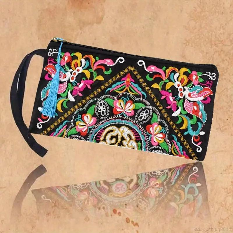 Embroidered Clutch Bag Ethnic Style Canvas Credit Card Storage Organizer