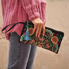 Embroidered Clutch Bag Ethnic Style Canvas Credit Card Storage Organizer