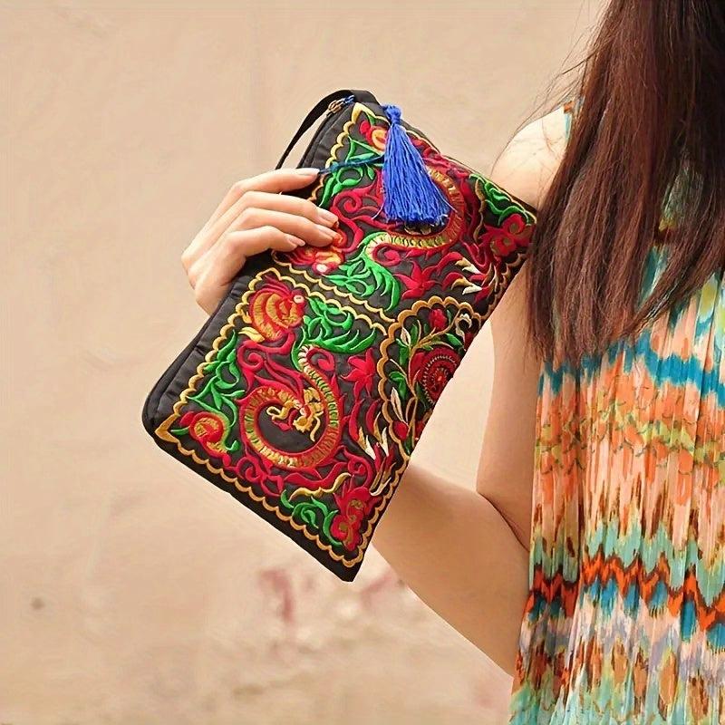 Embroidered Clutch Bag Ethnic Style Canvas Credit Card Storage Organizer