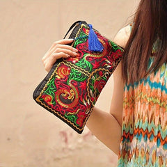Embroidered Clutch Bag Ethnic Style Canvas Credit Card Storage Organizer