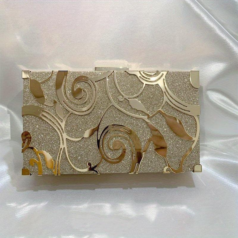 Floral Embossed Square Clutch Bag Sequin Mini Boxer Clutch Purse