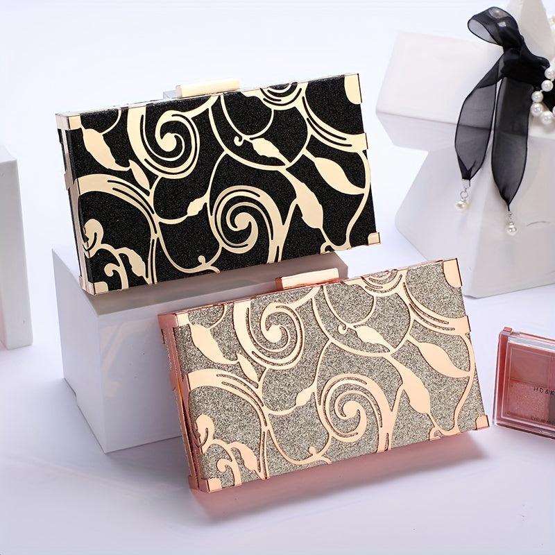 Floral Embossed Square Clutch Bag Sequin Mini Boxer Clutch Purse