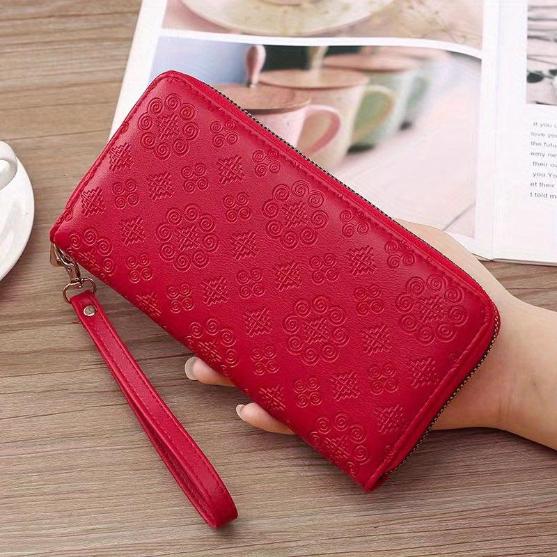 Geometric Embossed Long Wallet Double Zipper Purses Women's Clutch
