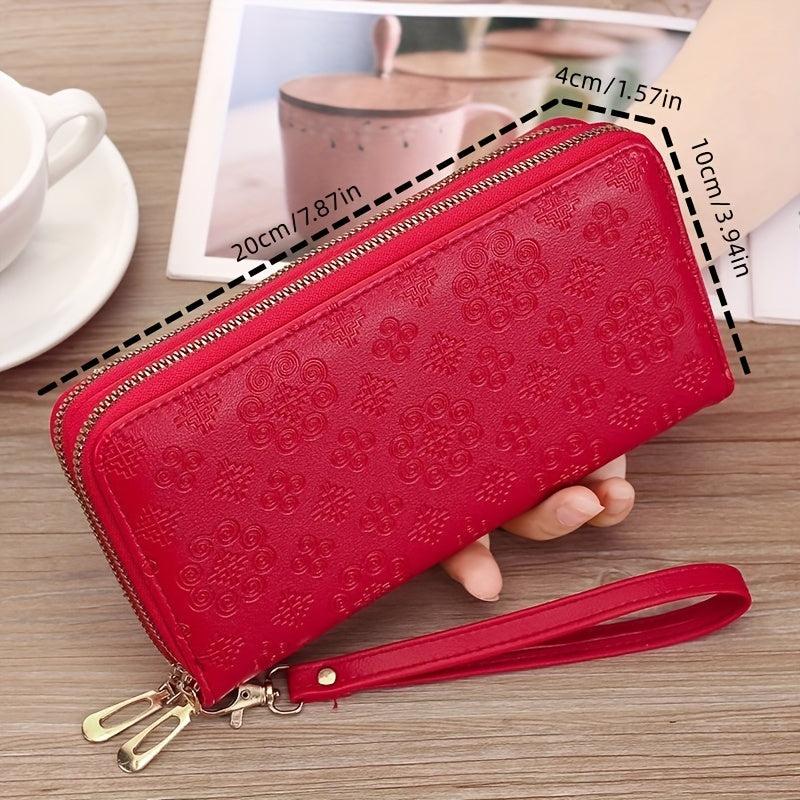 Geometric Embossed Long Wallet Double Zipper Purses Women's Clutch