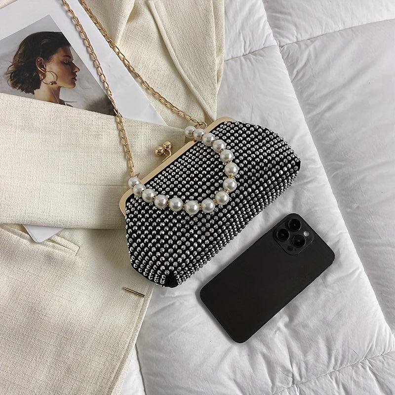 Glitter Rhinestone Shoulder Bag Pearl Chain Portable Handbag