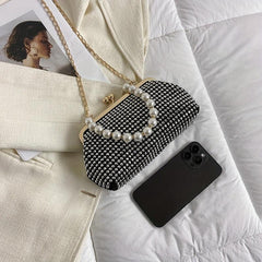 Glitter Rhinestone Shoulder Bag Pearl Chain Portable Handbag