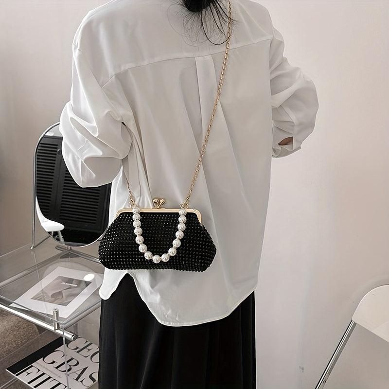Glitter Rhinestone Shoulder Bag Pearl Chain Portable Handbag
