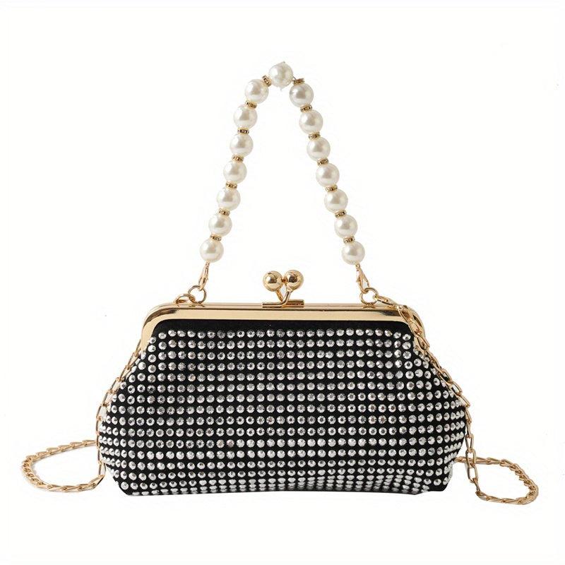 Glitter Rhinestone Shoulder Bag Pearl Chain Portable Handbag