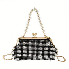 Glitter Rhinestone Shoulder Bag Pearl Chain Portable Handbag