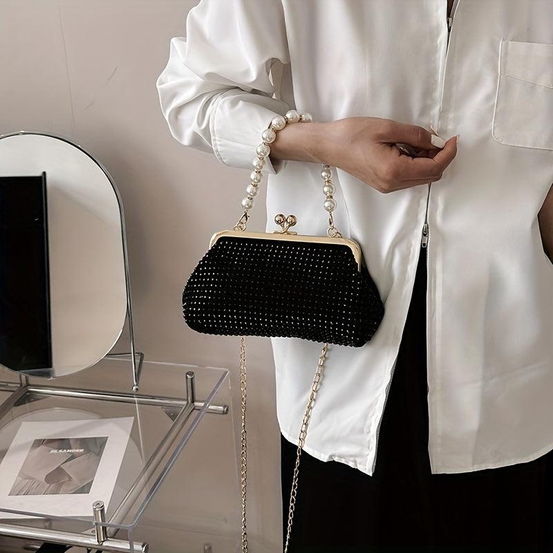 Glitter Rhinestone Shoulder Bag Pearl Chain Portable Handbag