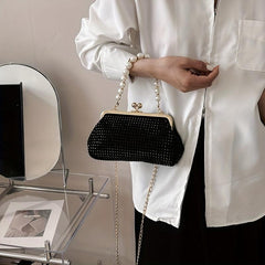 Glitter Rhinestone Shoulder Bag Pearl Chain Portable Handbag