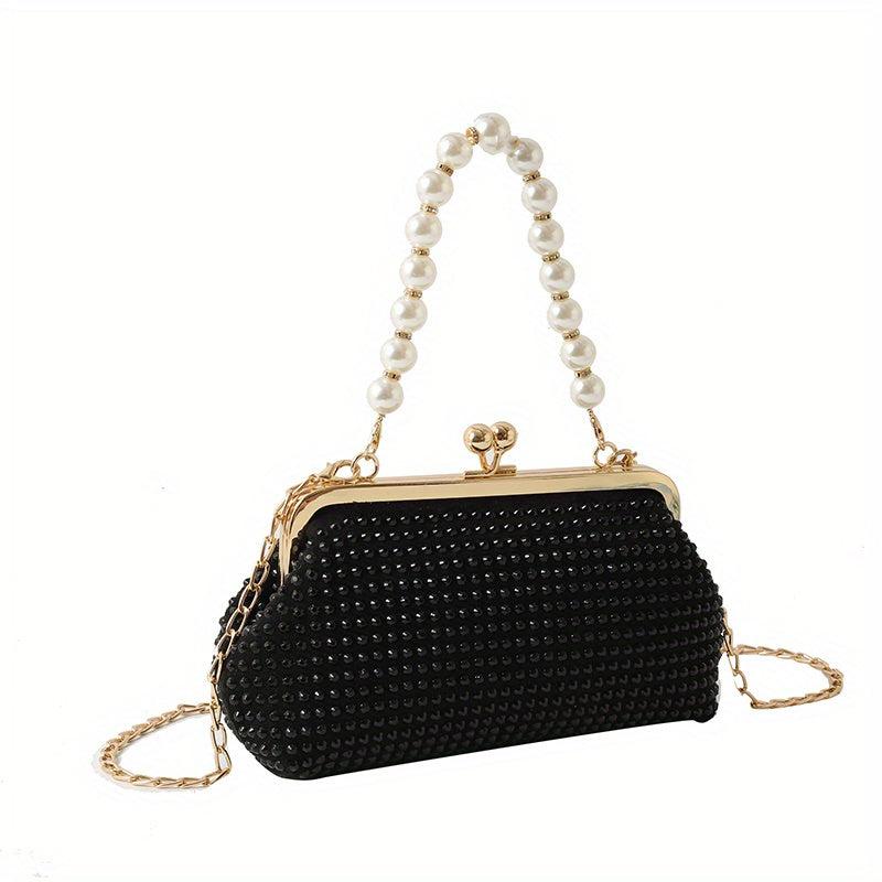 Glitter Rhinestone Shoulder Bag Pearl Chain Portable Handbag