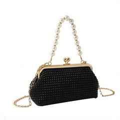 Glitter Rhinestone Shoulder Bag Pearl Chain Portable Handbag