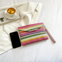 Rainbow Straw Woven Clutch Bag Boho Style Handbag Colorful Wristlet Purse