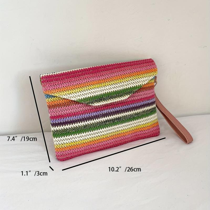 Rainbow Straw Woven Clutch Bag Boho Style Handbag Colorful Wristlet Purse