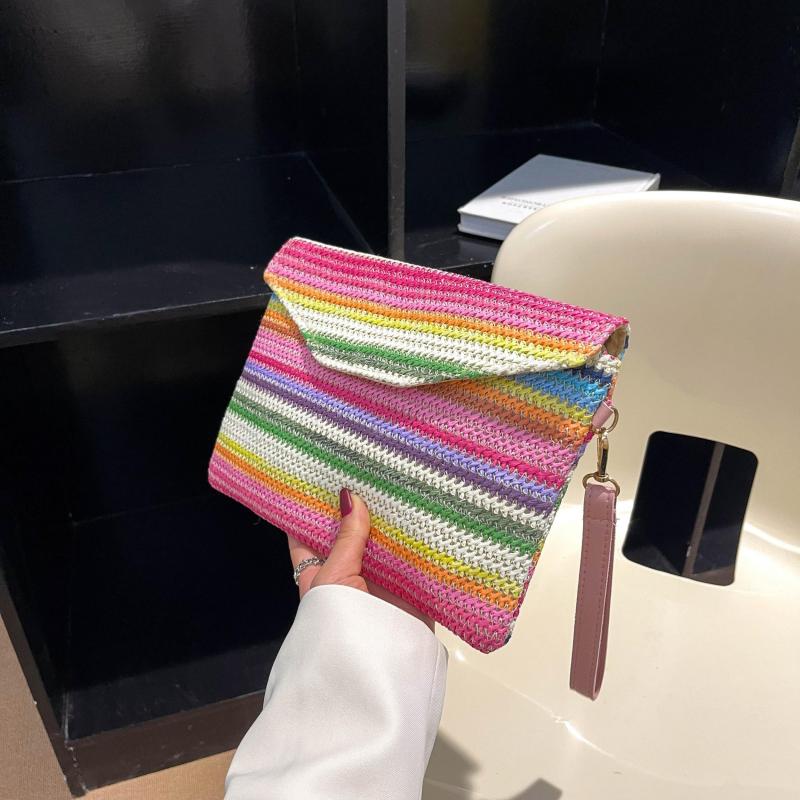 Rainbow Straw Woven Clutch Bag Boho Style Handbag Colorful Wristlet Purse