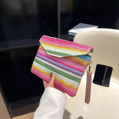 Rainbow Straw Woven Clutch Bag Boho Style Handbag Colorful Wristlet Purse
