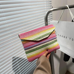 Rainbow Straw Woven Clutch Bag Boho Style Handbag Colorful Wristlet Purse