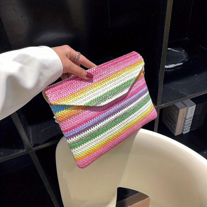Rainbow Straw Woven Clutch Bag Boho Style Handbag Colorful Wristlet Purse