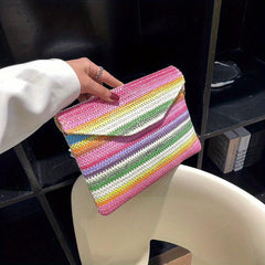 Rainbow Straw Woven Clutch Bag Boho Style Handbag Colorful Wristlet Purse
