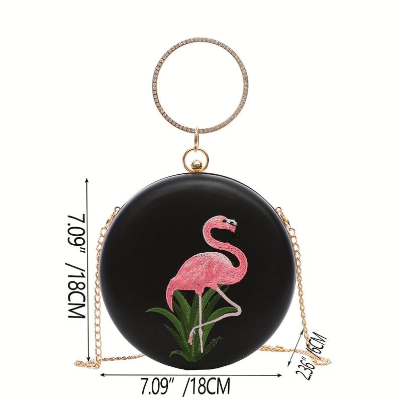 Embroidered Flamingo Round Bag Satchel for Party