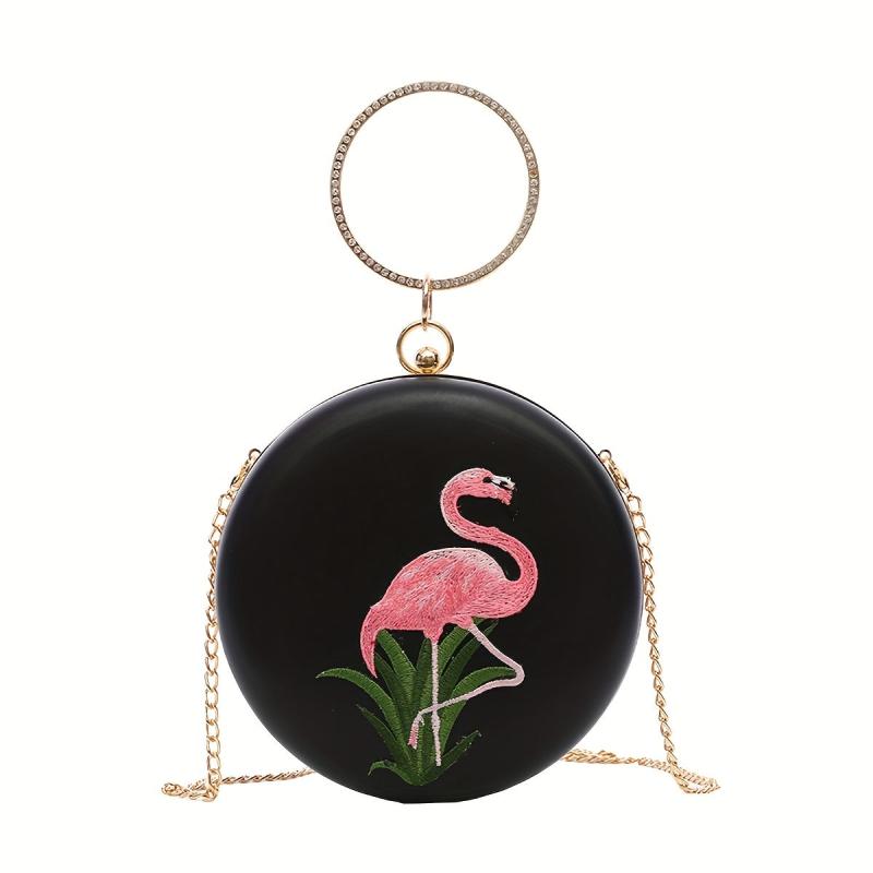 Embroidered Flamingo Round Bag Satchel for Party