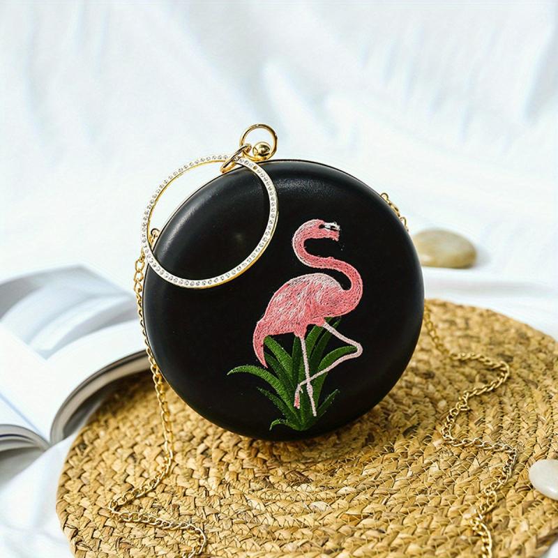 Embroidered Flamingo Round Bag Satchel for Party
