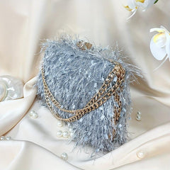 Feather Evening Bag Chain Clutch Purse for Wedding Party Prom