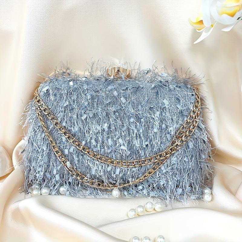 Feather Evening Bag Chain Clutch Purse for Wedding Party Prom