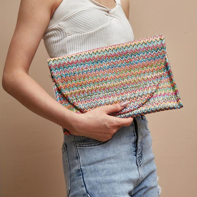 Summer Rainbow Straw Clutch Boho Style Woven Handbag Envelope Bag Purses